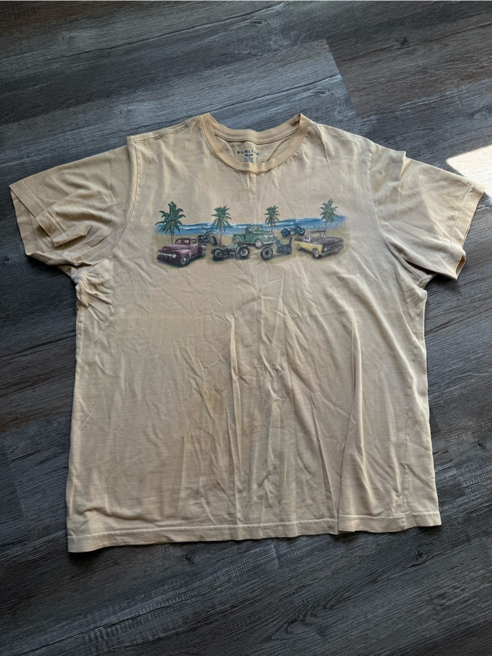 VTG Puritan Car Biker Beach T-shirt Graphic T-shirt Cotton Yellow Size L XL